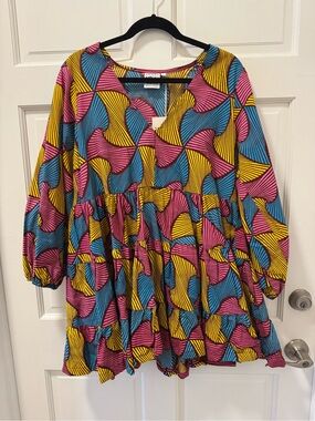 Yevu Clothing Vibrant Pink, Blue & Yellow Tiered Smock Dress